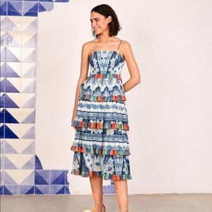 Farm Rio Blue Palm Frill Midi dress